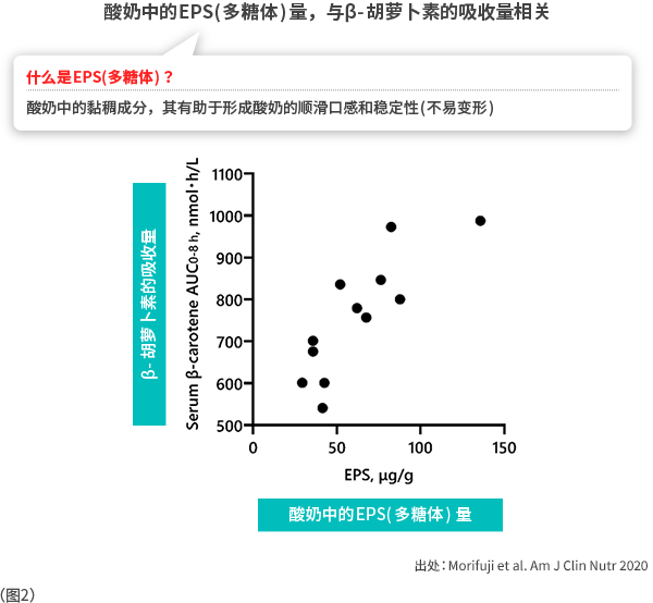 酸奶中的EPS(多糖体)量，与β- 胡萝卜素的吸收量相关 (图2)